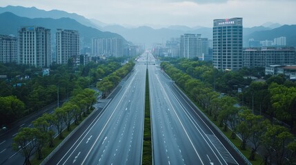 Obraz premium Urban artery, a scenic road amidst cityscapes and verdant trees beneath a misty sky