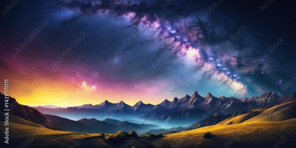 Wall mural night landscape with colorful milky way and yellow light at mountains. starry sky with hills at summ