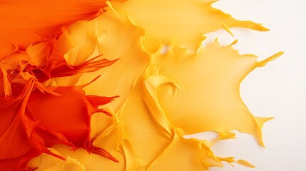 Close-up shot shows textured paint blending from orange to yellow, covering a white base