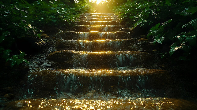 Golden cascade: Sunlight illuminates a tiered waterfall in a lus