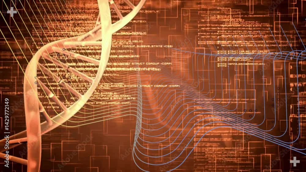 Poster stylized 3d dna helix being rendered curving vertically along left side, showing code and data flow