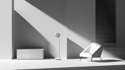 Modern minimalist interior design featuring light and shadow.