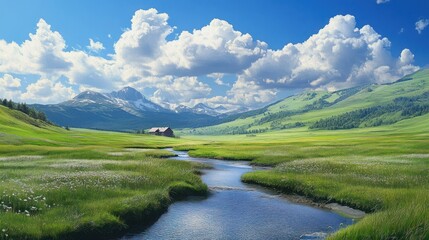 Obraz premium Mountain valley stream, summer, scenic landscape, idyllic meadow, nature background