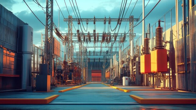 illuminated electrical substation infrastructure showcasing transformers and power lines against a twilight sky creating an industrial cityscape scene