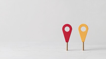 Naklejka premium Two colorful wooden map pins, one red and one yellow, stand on a light surface, symbolizing navigation and location.