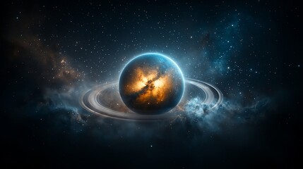 Obraz premium Cosmic ringed planet in a nebula