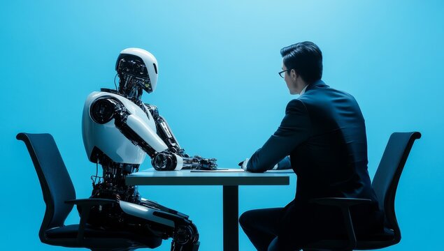 Futuristic meeting between a robot and a human