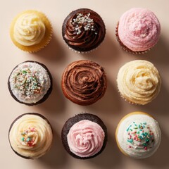 Nine colorful cupcakes overhead shot on white background