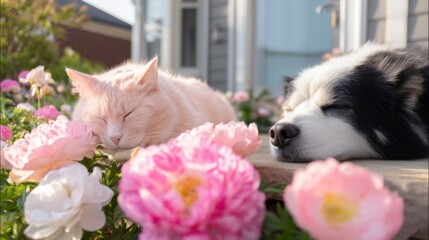 A cat and a dog peacefully sleeping beside a charming house on sunny day, surrounded by a beautiful array of flowers, creating an idyllic scene. Animal friendship and happy life concept.