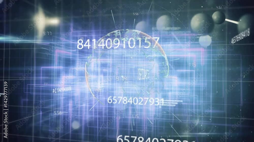 Poster wireframe globe floating in neon grid matrix, showing numeric sequences and molecular spheres