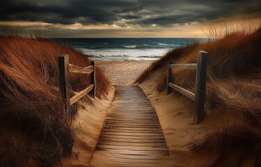 Serene coastal pathway leading towards the ocean under a dramatic sky