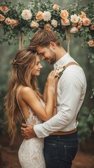 Couple embracing tenderly under a floral arch