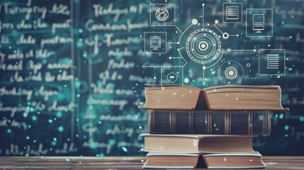 E-learning concept with books and tech overlay stock photo --ar 16:9 --raw --v 6 Job ID: ca9a1178-ccd1-4b5b-abf4-540a2ce6d979