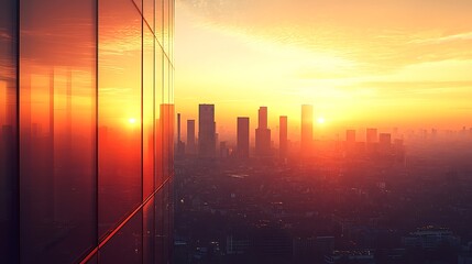 Fototapeta premium Golden sunrise over city skyline reflected in modern glass skyscraper