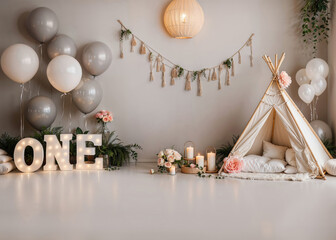 Festive Smash the Cake Backdrop with Teddy Bears & Balloon Accents for First Birthday Photography