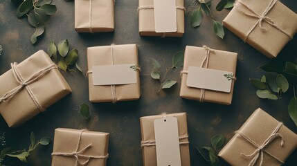 A collection of wrapped gifts with accompanying tags and greenery.