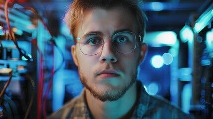 Obraz premium Portrait of young professional in tech industry stock photo --ar 16:9 --raw --v 6 Job ID: b8c946a9-74ad-4cbe-b5ec-1f77bd6fb2aa