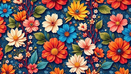 Intricate floral pattern, vibrant blooms, repeating design, surface, background, pretty