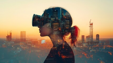 Double exposure artwork blending a woman using VR with city construction, in an artistic minimalist style