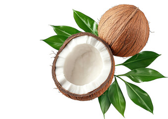 a fresh coconut is displayed cut in half to reveal its white flesh surrounded by green leaves emphasizing a tropical and natural aesthetic