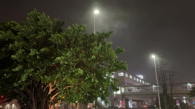 Tropical Storm Conditions In City At Night - Khanun