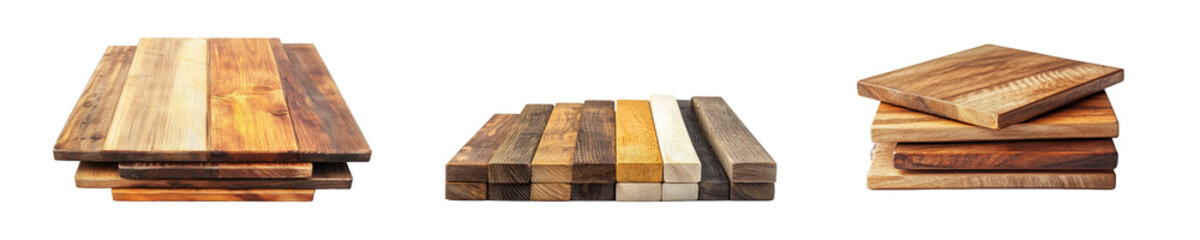 Obraz premium Set of various wooden cutting boards with colorful and textured patterns, isolated on transparent background