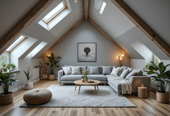 A cozy grey attic living room interior, with sloped ceilings and exposed wooden beams, decorated in a modern minimalist style. 3D render. 