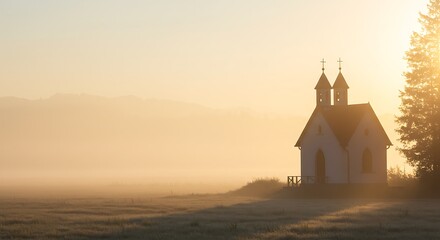 Peaceful chapel bathed in golden sunrise mist