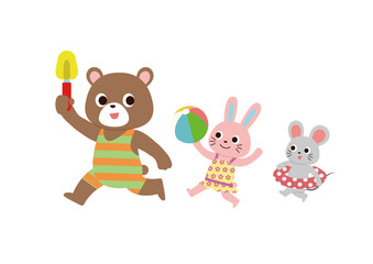 海遊び　水着を着てはしゃぐかわいい動物たち