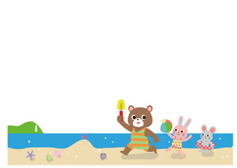 青い海と海岸ではしゃぐかわいい動物たちのフレーム