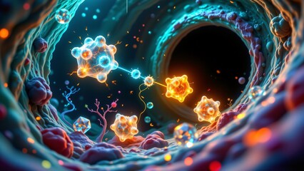 A microscopic landscape unfolds within a cell. Luminous, geometric structures representing therapeutic agents navigate a viscous, pulsating environment