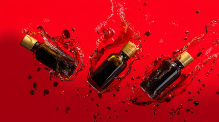 Fototapeta premium Three bottles with a vibrant splash of oil on a bold red background. Perfect for ads, food branding, and commercial use. High-quality, dynamic, and eye-catching