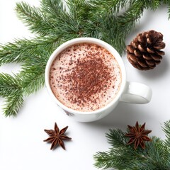 Hot chocolate with pine and star anise on white background