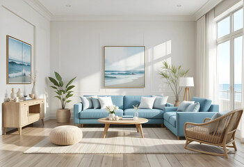 A calming ocean interior design. 3D render. Living room with a calming sea view.