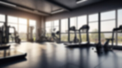 Abstract blur fitness gym with equipment for background.