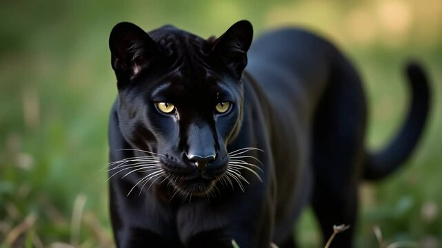 Intense Gaze of a Majestic Black Panther in Lush Green Foliage