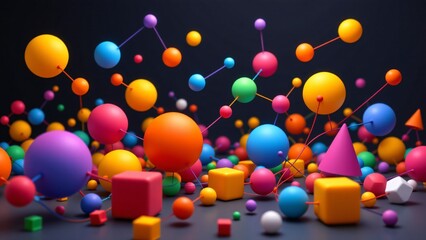 An energetic scene showcasing interconnected geometric solids, primarily spheres, cones, and cubes