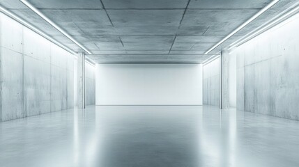 Fototapeta premium A spacious, dimly lit hallway featuring raw concrete walls and a smooth, polished concrete floor. The ceiling is high, with industrial-style lighting casting soft shadows along the corridor.