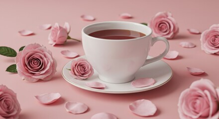 Pink Teacup with Roses and Petals on Pink Background