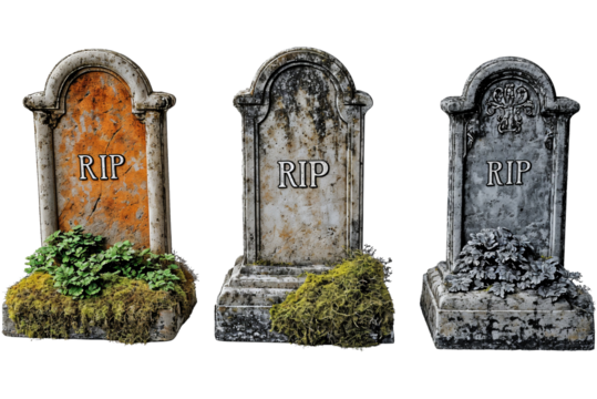 three old gravestones with rip isolated on white background