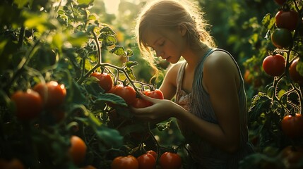 Golden Hour Tomatoes: A Young Woman Harvests Ripe Red Tomatoes in a Lush Garden