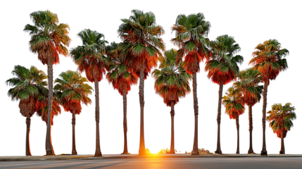 Isolated tropical palm trees with green leaves sway in the wind against a bright blue sky