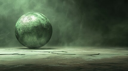A solitary, verdant sphere rests on a cracked, smoky surface.