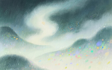 Fantasy realm, beautiful illustrations, surreal dreams, healing style, with light rain and misty smoke