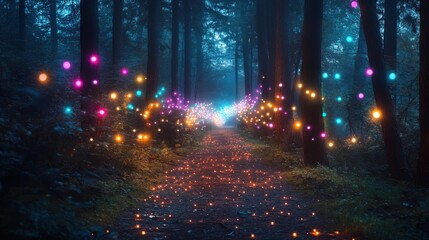 Obraz premium Enchanted forest path illuminated by colorful lights at dusk