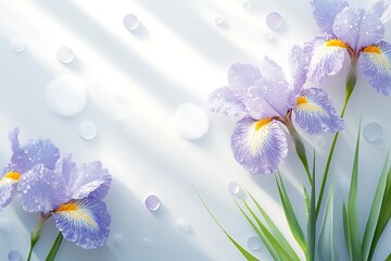 Delicate purple irises with water droplets on a light background; still life; soft light; spring; floral; design element; use for advertising