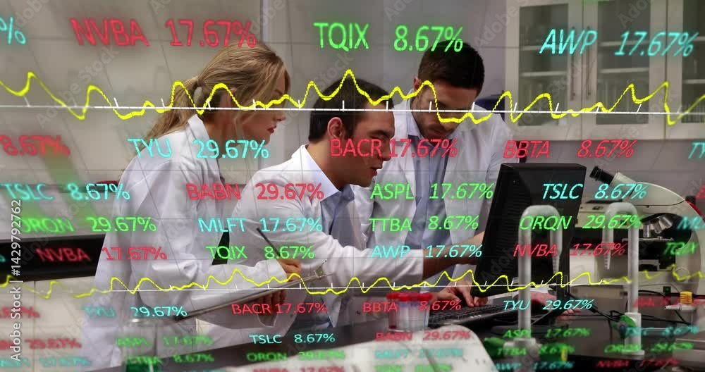 Poster three lab scientists typing and examining financial data on screen with floating stock symbols