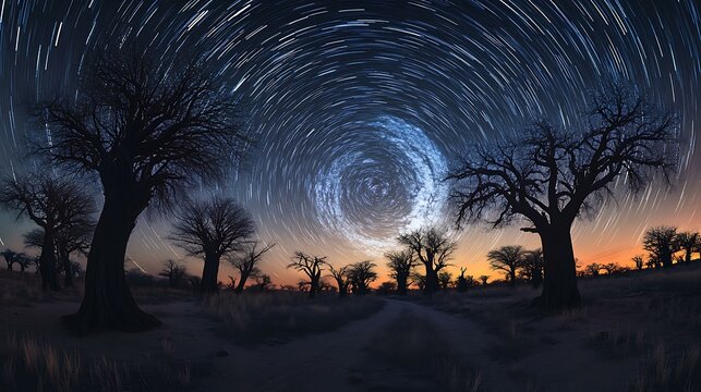 night sky with Milky Way, silhouette trees, star trails - Powered by Adobe