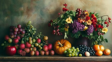 Autumnal Still Life: Vibrant Fruits, Flowers, and Rustic Charm
