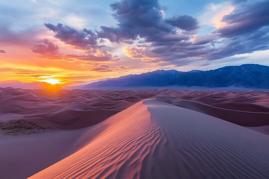 sand dunes under sunset, rippled patterns, desert tones